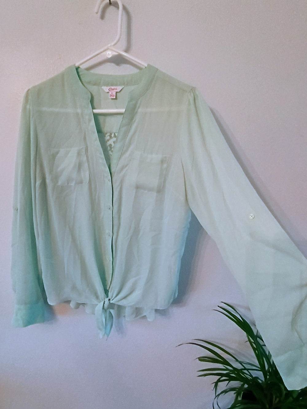 Candies Blouse Large Mint Green Lace Back Tie Front Boho Roll Tab Sleeve Top